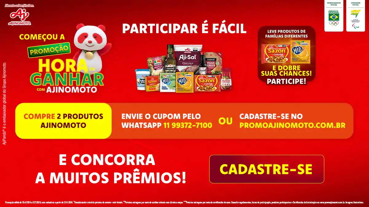 Participe da Promoção Ajinomoto 2024 hora de ganhar e concorra aos prêmios incríveis!