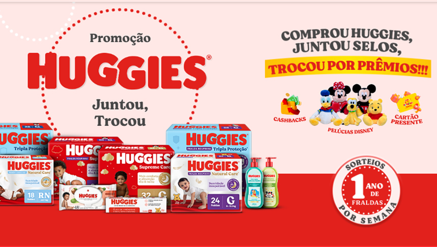 Promoção Huggies Juntou Ganhou: cashback, pelúcias Disney e ganhe 1 Ano de Fraldas